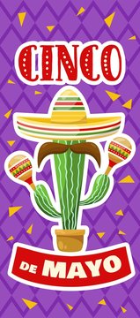 Cinco de mayo vertical banner, mexican traditional fiesta. Cactus with sombrero and maracas. Vector