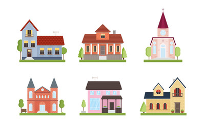 Naklejka premium Set of different country houses with garden trees. Vector illustration in flat cartoon style.