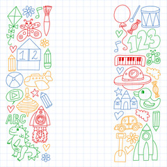 Fototapeta premium Kindergarten preschool school children. Kids drawing style vector pattern. Play grow learn together.