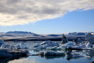Jokulsarlon / Iceland - August 29, 2017: Ice formations and icebergs in Glacier Lagoon, Iceland,...