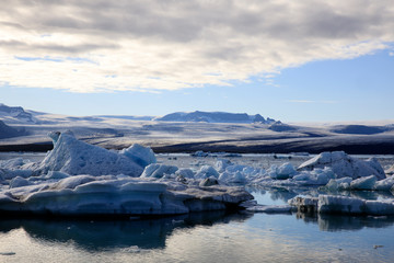 Jokulsarlon / Iceland - August 29, 2017: Ice formations and icebergs in Glacier Lagoon, Iceland, Europe