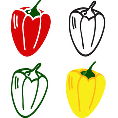 Set of sweet peppers in a flat style. Paprika icons. Paprika in the style of stained glass and contour. Element for design of website, background, fabric, textile, cafe, restaurant, packaging