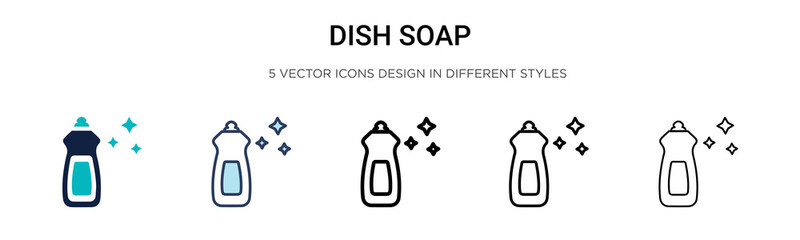 Dish soap icon in filled, thin line, outline and stroke style. Vector illustration of two colored and black dish soap vector icons designs can be used for mobile, ui, web