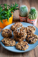 Set of easy to prepare and healthy, homemade oatmeal and blueberry cookies - on beautiful blue plate. Cookies are tied and decorated with string. Pots with cacti and succulents next to it.
