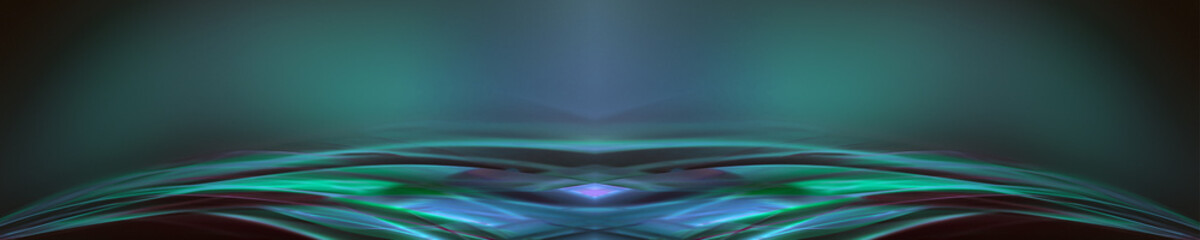 Futuristic, abstract curved and glowing lines. Shades of blue, green and purple. Horizontal banner.