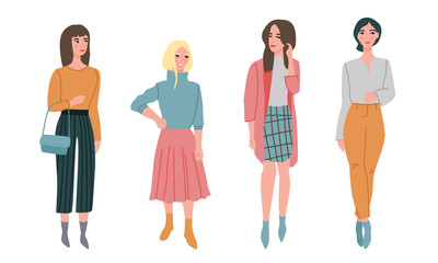 Obraz premium Set of different beautiful young women in fashionable clothes. Vector illustration in flat cartoon style