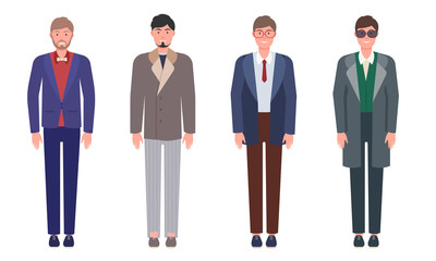 Set of handsome young men in classic elegant clothes and suits.Vector illustration in flat cartoon style