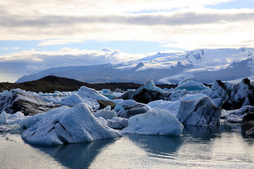 Jokulsarlon / Iceland - August 29, 2017: Ice formations and icebergs in Glacier Lagoon, Iceland,...