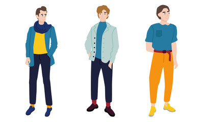 Obraz premium Set of handsome young men in classic elegant clothes and suits.Vector illustration in flat cartoon style