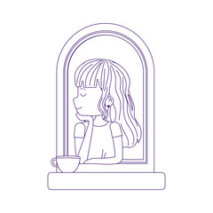 covid 19 coronavirus, young woman with coffee cup in window, line style