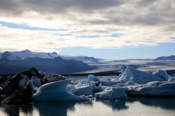 Jokulsarlon / Iceland - August 29, 2017: Ice formations and icebergs in Glacier Lagoon, Iceland,...