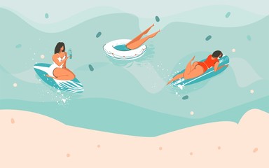 Hand drawn vector stock abstract graphic illustration with a girl and rubber rings,surfers in ocean and Copy Space place for your typography isolated on colored background