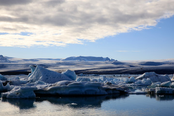 Jokulsarlon / Iceland - August 29, 2017: Ice formations and icebergs in Glacier Lagoon, Iceland, Europe