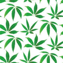 Cannabis leaves seamless vector pattern background. Hemp foliage white green backdrop. Painterly line art botanical marijuana design. All over print for wellness, health concept,packaging,print