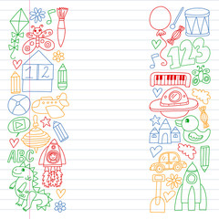 Kindergarten preschool school children. Kids drawing style vector pattern. Play grow learn together.