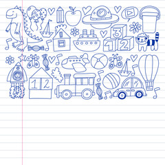 Kindergarten preschool school children. Kids drawing style vector pattern. Play grow learn together.