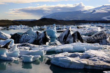 Jokulsarlon / Iceland - August 29, 2017: Ice formations and icebergs in Glacier Lagoon, Iceland,...