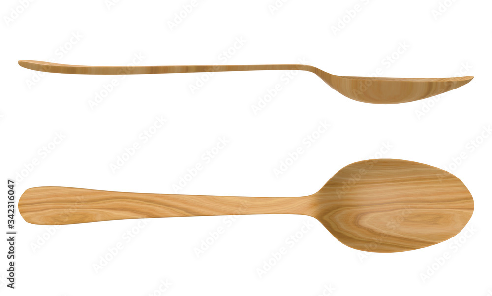 Poster 3d rendering. top and side view set of wood spoon with clipping path isolated on white background.