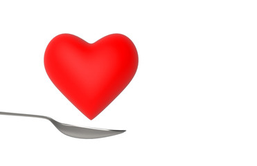 3d rendering. A big red heart floating over on metal spoon on white background.