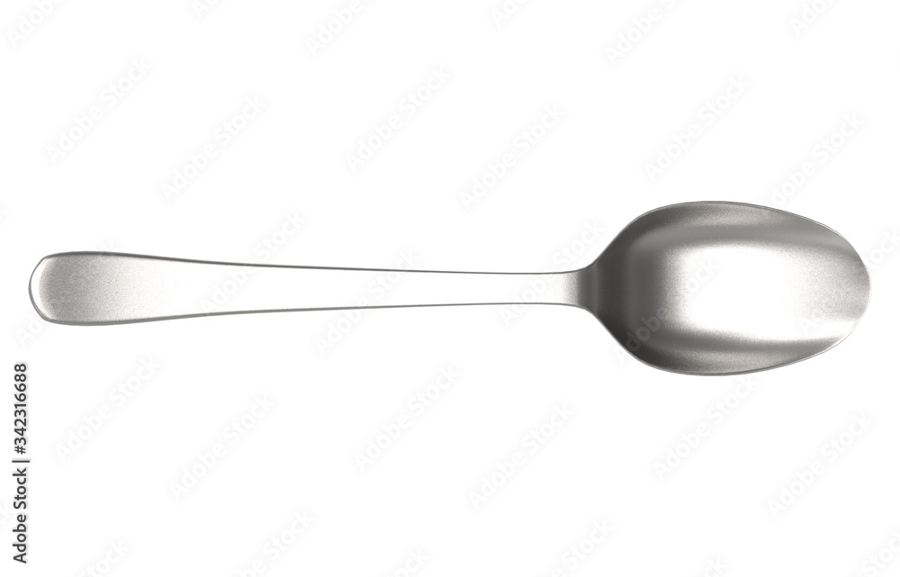 Aufkleber 3d rendering. top view of metal spoon with clipping path isolated on white background.