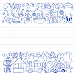 Kindergarten preschool school children. Kids drawing style vector pattern. Play grow learn together.