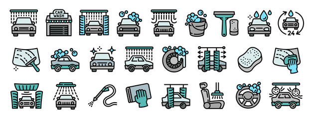 Car wash icons set. Outline set of car wash vector icons for web design isolated on white background