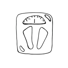 Floor scales, drawn in Doodle style.Vector illustration isolated on a white background. Black outline on white. For a fitness blog.