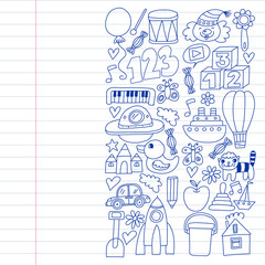 Kindergarten preschool school children. Kids drawing style vector pattern. Play grow learn together.
