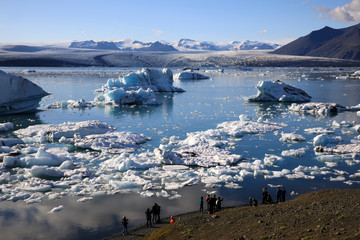 Jokulsarlon / Iceland - August 29, 2017: Tourists near Glacier Lagoon, Iceland, Europe