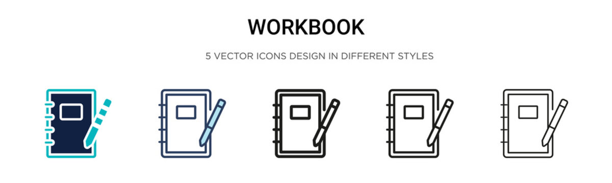 Workbook icon in filled, thin line, outline and stroke style. Vector illustration of two colored and black workbook vector icons designs can be used for mobile, ui, web