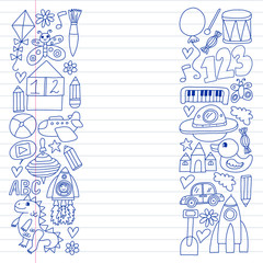 Kindergarten preschool school children. Kids drawing style vector pattern. Play grow learn together.