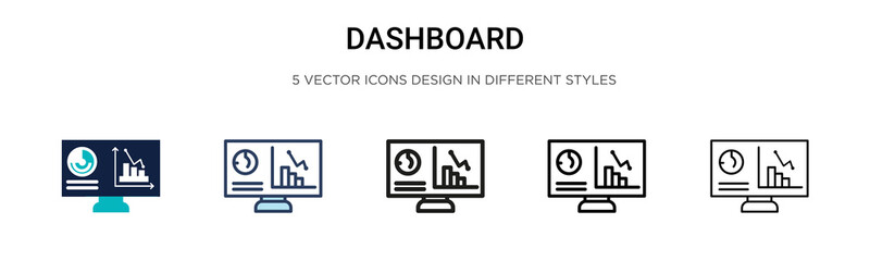 Dashboard icon in filled, thin line, outline and stroke style. Vector illustration of two colored and black dashboard vector icons designs can be used for mobile, ui, web