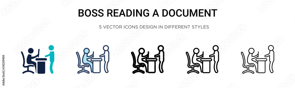 Poster boss reading a document icon in filled, thin line, outline and stroke style. vector illustration of 