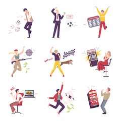 Lucky People Celebrating Their Win Set, Happy People Winning in Lottery, Casino Gambling and Betting Sport Flat Vector Illustration