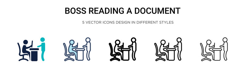 Fototapeta premium Boss reading a document icon in filled, thin line, outline and stroke style. Vector illustration of two colored and black boss reading a document vector icons designs can be used for mobile, ui, web