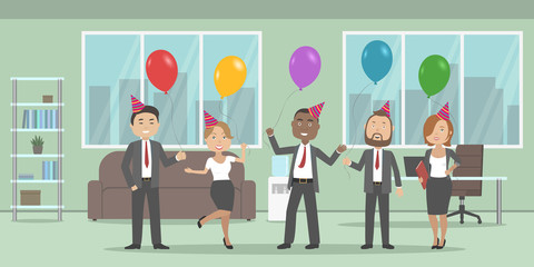 Office party. Joyful employees hold helium balloons. Vector illustration.