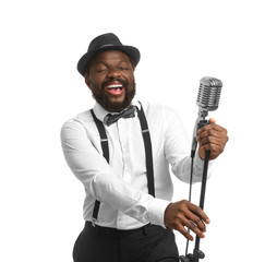 Male African-American singer on white background