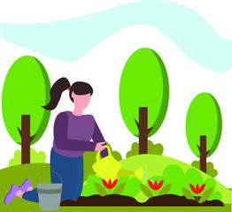 A girl is planting flowers in her garden. A girl watering planted flowers in the country. Vector illustration showing gardening