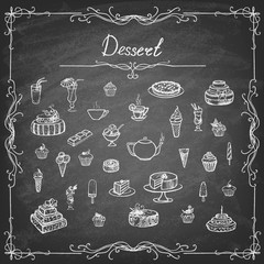 Vintage collection desserts. Sketches of desserts hand-drawn with chalks on blackboard. Vector illustration. 