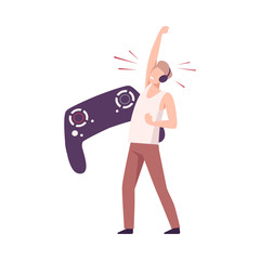 Young Man Celebrating His Win in Video Game Competition, Cybersport Gaming Flat Vector Illustration
