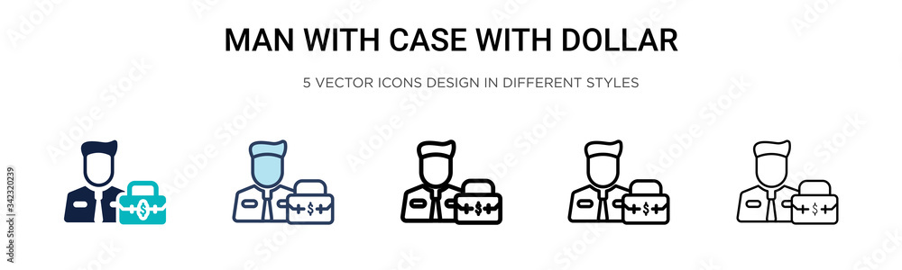 Poster man with case with dollar icon in filled, thin line, outline and stroke style. vector illustration o