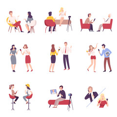 Fototapeta na wymiar Journalists Interviewing Business People, Celebrities or Politicians Set, Communication, Business Meeting, Interviewing, Online Streaming Flat Vector Illustration