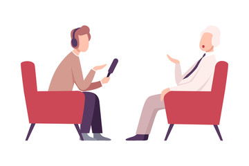 Fototapeta premium Businessman or Politician Giving an Interview in the Presence of Male Journalist with Microphone at Press Conference, Live Report Flat Vector Illustration