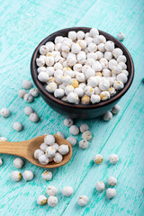 raw dry chickpeas on a wooden background