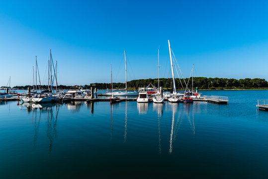 Boats and yachts moored in the sport port of Keroman, the old German U-boat base located in Lorient