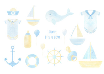 It's a boy watercolor clip art set. Baby boy shower, invitation design hand drawn elements. Nautical, sea  concept cute illustration for newborn greeting card. 