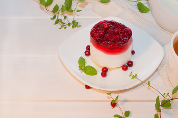 Cottage cheese, yogurt dessert with cranberry jelly, cranberries in a plate on a wooden table. the theme of healthy food, diet