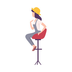 Fashionable Young Woman Sitting in High Chair and Talking Flat Vector Illustration