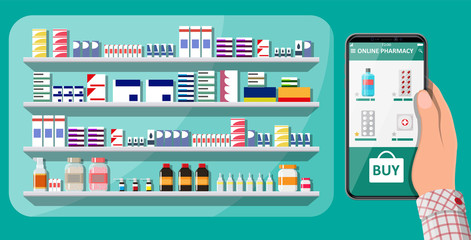 Fototapeta na wymiar Hand holding mobile phone with internet pharmacy shopping app. Pharmacy shop facade. Medical assistance, help, support online. Health care application on smartphone. Vector illustration in flat style