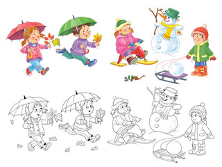 Fototapeta na wymiar Four seasons. Spring, summer, autumn, winter. Set of 8 pictures. Cute boy and girl are playing outdoors. In the forest. Coloring book. Poster. Illustration for children. Cartoon characters